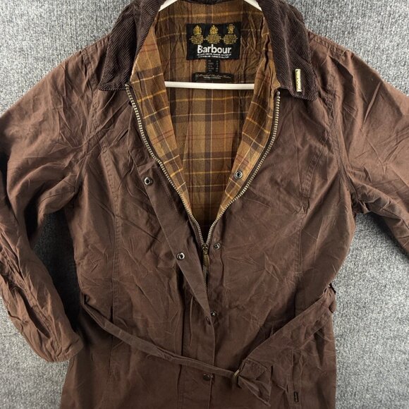 Barbour Newmarket Mac Waxed Jacket Women Full Zip Brown Size 8 US Lined - Picture 7 of 16